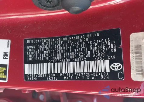 2021 Toyota Corolla Le from USA, damaged, VIN 5YFEPMAE9MP188242